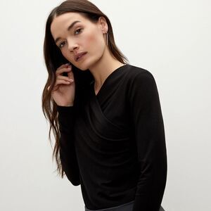 MM LAFLEUR The Octavia Top Black Faux Wrap Long Sleeve Minimalist SIZE XS